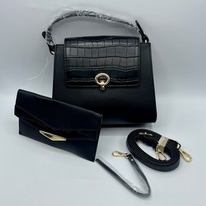 NEW Women’s Black Faux Crocodile & Leather Handbag w/ Shoulder Strap & Wristlet